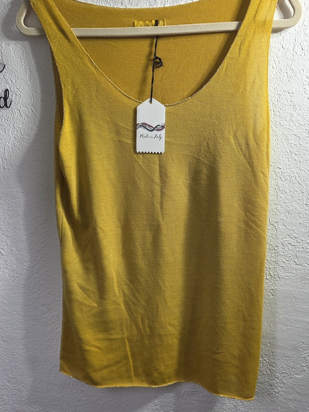 NWT  Made in Italy Mustard Yellow Knit Tank Top Gold Metallic Trim Size M